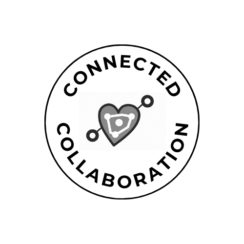 Logo: Ein weißer Kreis, in der mitte ein graues Herz, das mit angedeuteten Connectoren durchkreuzt ist. Über dem Herz die Schrift "Connected", unter dem Herz die Schrift "Collaboration"