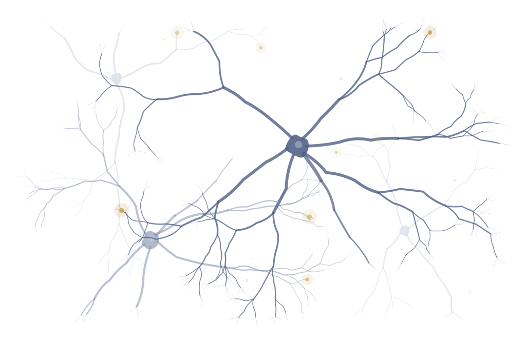 Abstrakte Darstellung eines Neuronennetzwerks in hellen Farben auf dunklem Hintergrund